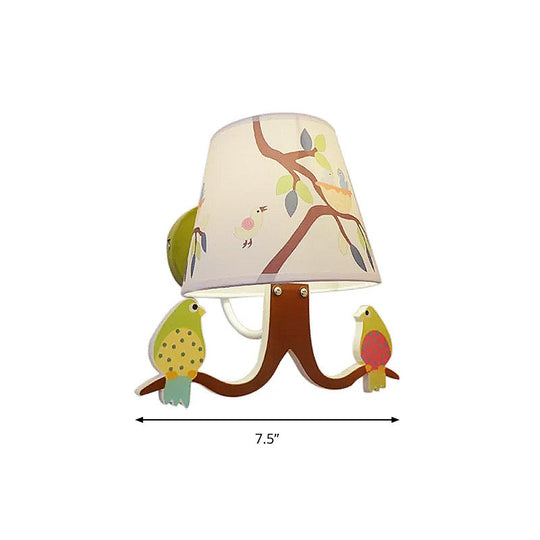 Green Wall Light Branch Fabric Lamp with Bird & Tapered Shade for Baby Bedroom - Kids Edition