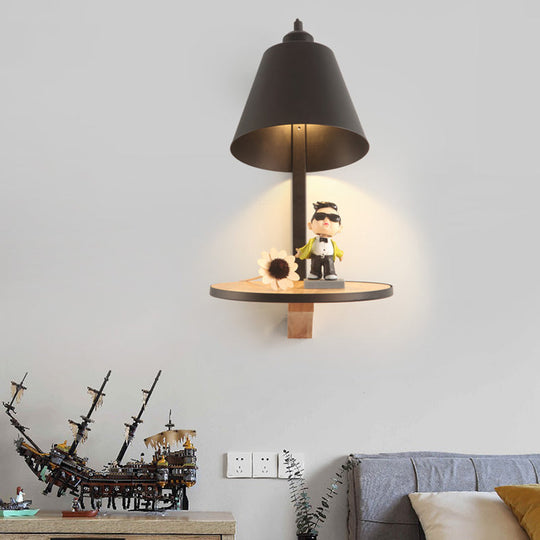 Modern Metal Cone Wall Sconce with Shelf - Bedroom Wall Lamp