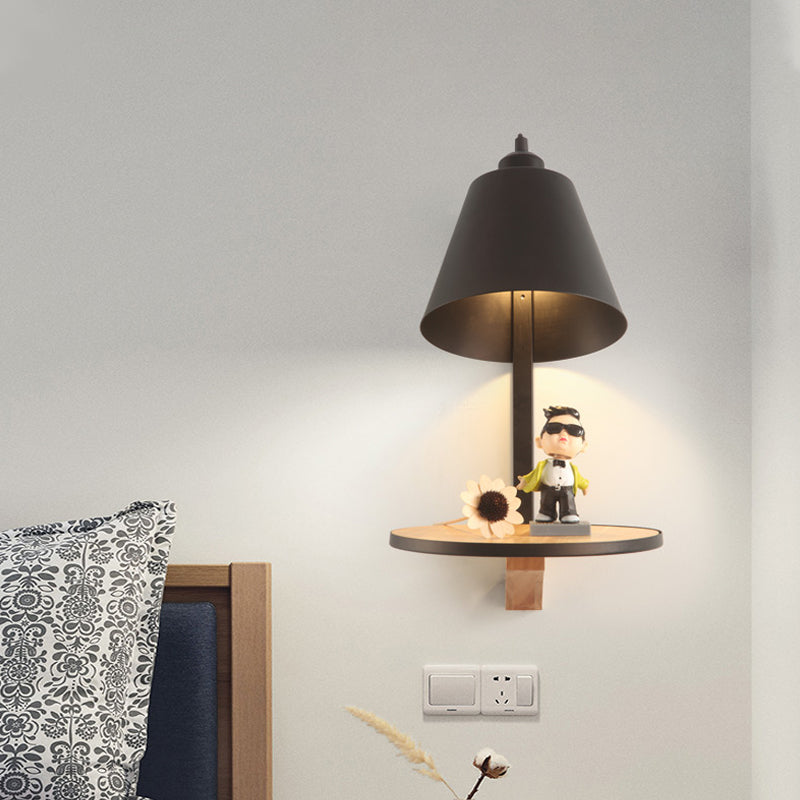 Modern Metal Cone Wall Sconce with Shelf - Bedroom Wall Lamp