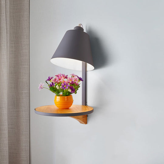 Modern Metal Cone Wall Sconce with Shelf - Bedroom Wall Lamp