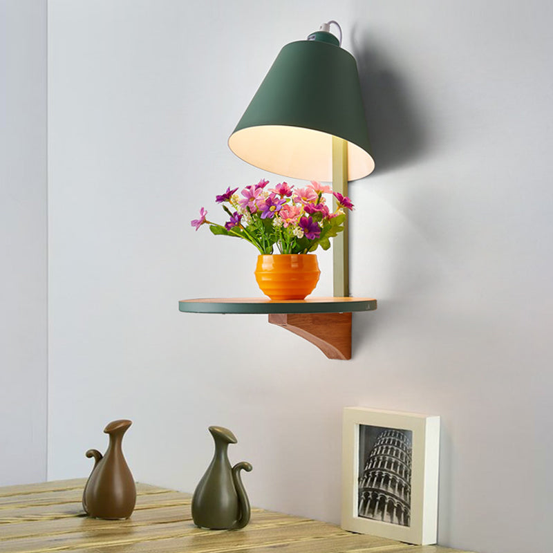 Modern Metal Cone Wall Sconce with Shelf - Bedroom Wall Lamp