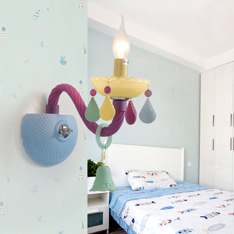 Colorful Kids Wall Sconce with Bell & Teardrop Deco Glass for Nursing Room