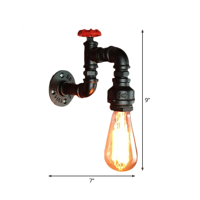 Steampunk Iron Wall Mount Lamp with Red Valve - Black Faucet, 1-Light Kit for Living Room