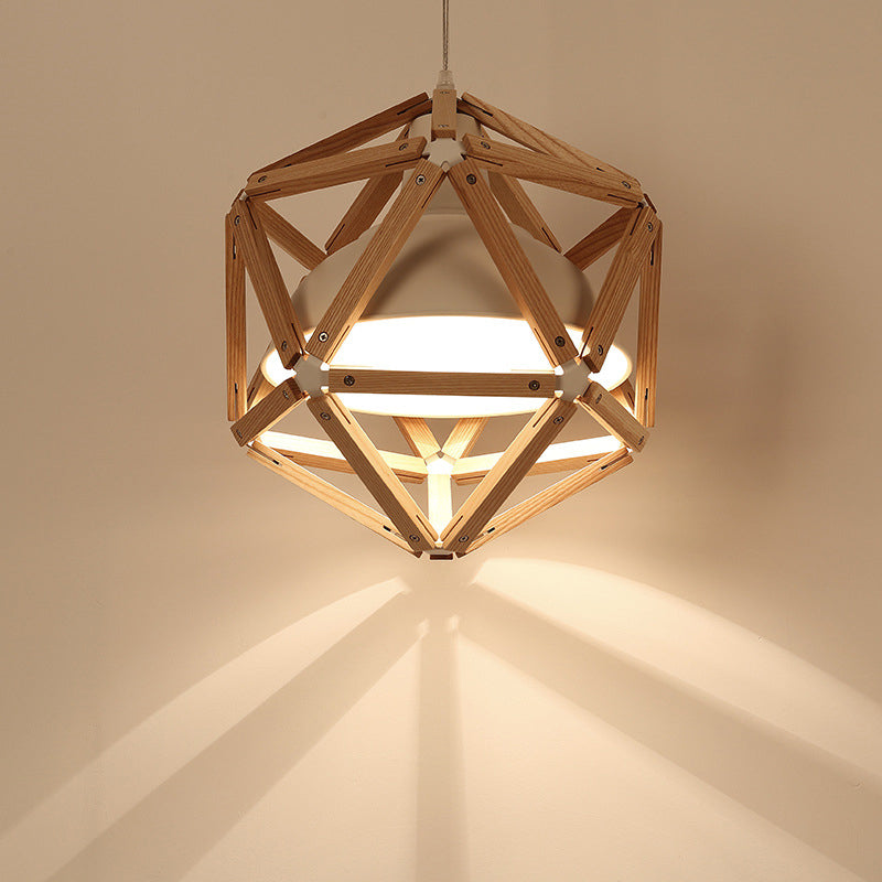 Modern Geometric Wood Bar Hanging Light: 1-Light Ceiling Pendant in Light/Dark Brown with Metal Bowl Shade
