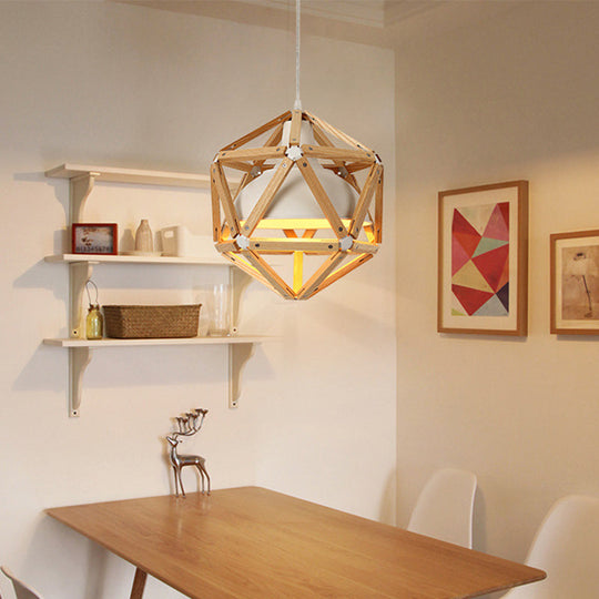 Modern Geometric Wood Bar Hanging Light: 1-Light Ceiling Pendant in Light/Dark Brown with Metal Bowl Shade