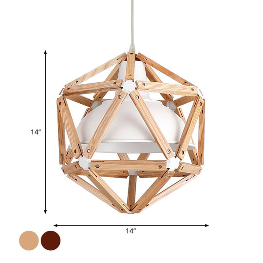 Modern Geometric Wood Bar Hanging Light: 1-Light Ceiling Pendant in Light/Dark Brown with Metal Bowl Shade
