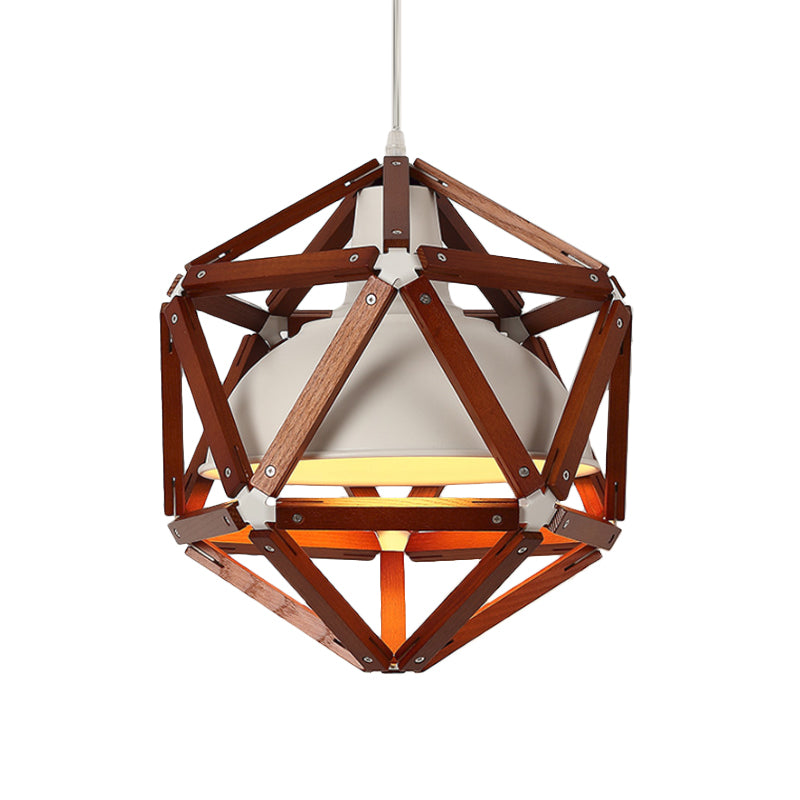 Modern Geometric Wood Bar Hanging Light: 1-Light Ceiling Pendant in Light/Dark Brown with Metal Bowl Shade