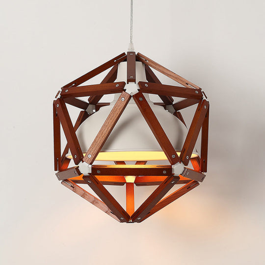 Modern Geometric Wood Bar Hanging Light: 1-Light Ceiling Pendant in Light/Dark Brown with Metal Bowl Shade