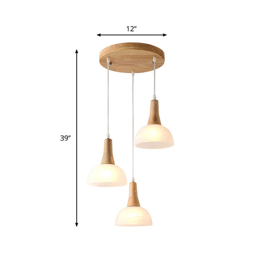 Nordic Ivory Glass Hang Lamp - 3-Head Cluster Pendant for Dining Room - Wood Finish