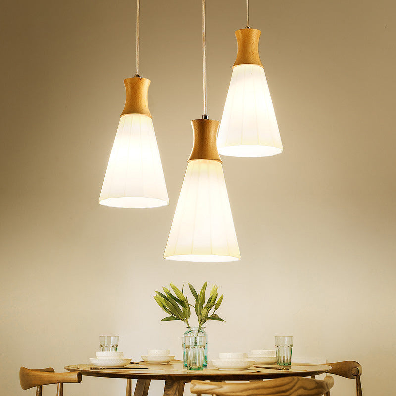 Nordic Milky Glass Cone Pendant Light - Wood Suspension Lamp with Round/Linear Canopy