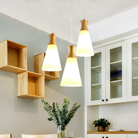 Nordic Milky Glass Cone Pendant Light - Wood Suspension Lamp with Round/Linear Canopy