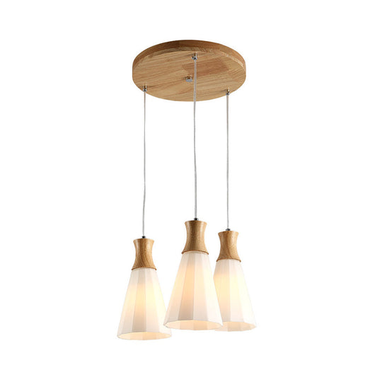 Nordic Milky Glass Cone Pendant Light - Wood Suspension Lamp with Round/Linear Canopy