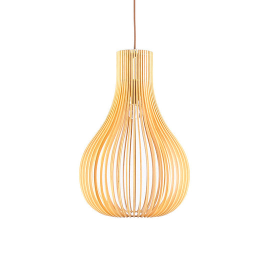 Minimalist Gourd Pendant Lamp with Wood Shade and Cutouts - Beige | Available in 12"/15" W