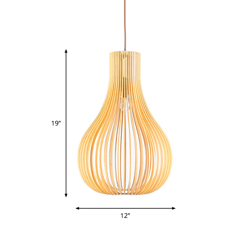 Minimalist Gourd Pendant Lamp with Wood Shade and Cutouts - Beige | Available in 12"/15" W