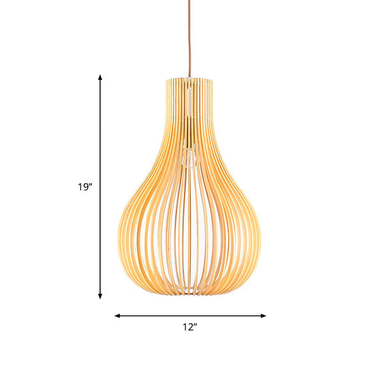 Minimalist Gourd Pendant Lamp with Wood Shade and Cutouts - Beige | Available in 12"/15" W