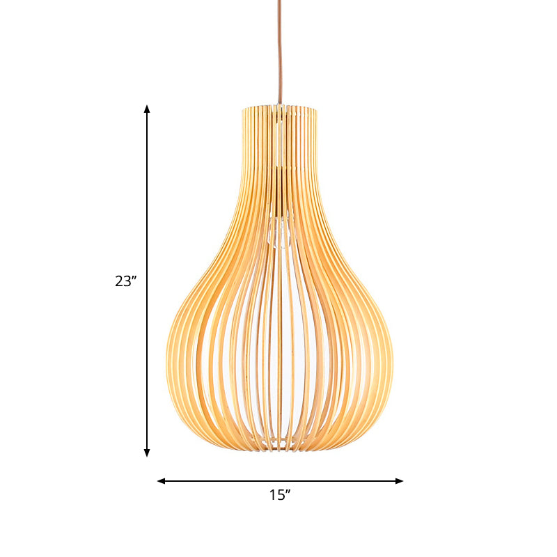 Minimalist Gourd Pendant Lamp with Wood Shade and Cutouts - Beige | Available in 12"/15" W