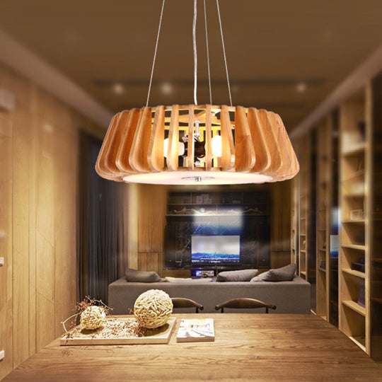 Modern Wooden Cage Pendant Light for Dining Room with Single Bulb