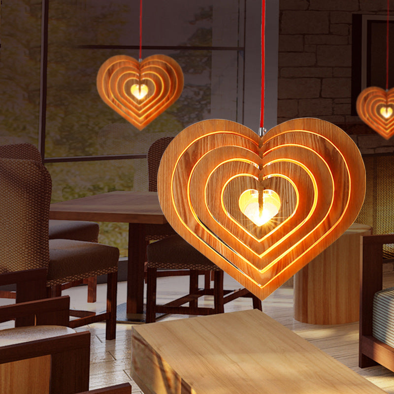 Heart Pendulum Light - Modern Wood Design with Beige Hanging Pendant for Tables