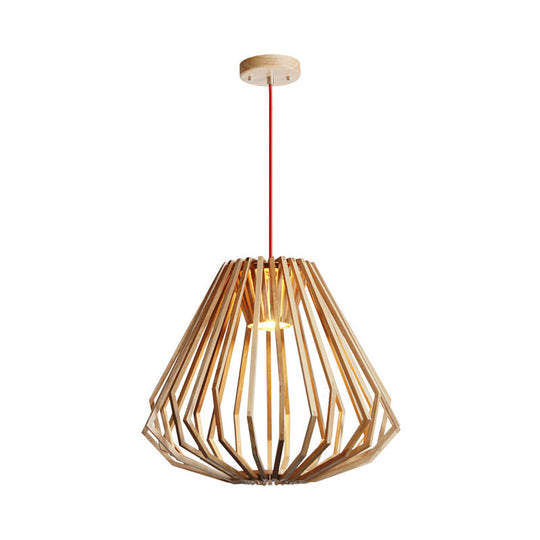 Contemporary Beige Pendant Hanging Light with Diamond Wood Cage - 1-Light Down Lighting for Living Room