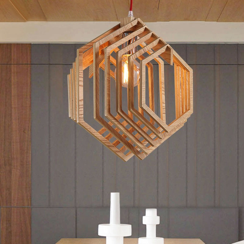 Modern Hexagon Wood Hanging Lamp - Brown Pendant Light for Dining Room Ceiling