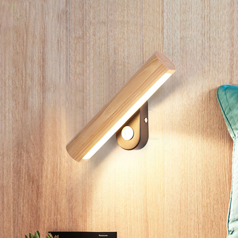 Rotatable Tube Bedside Wall Mount Light Wood LED Wall Lamp in Warm/White Light - 8.5"/12.5" Wide