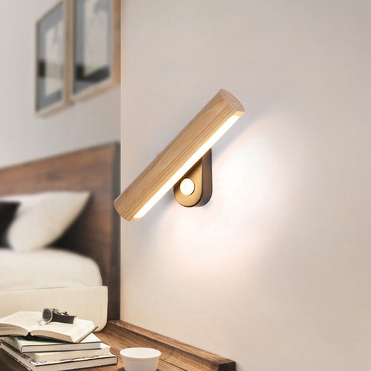 Rotatable Tube Bedside Wall Mount Light Wood LED Wall Lamp in Warm/White Light - 8.5"/12.5" Wide