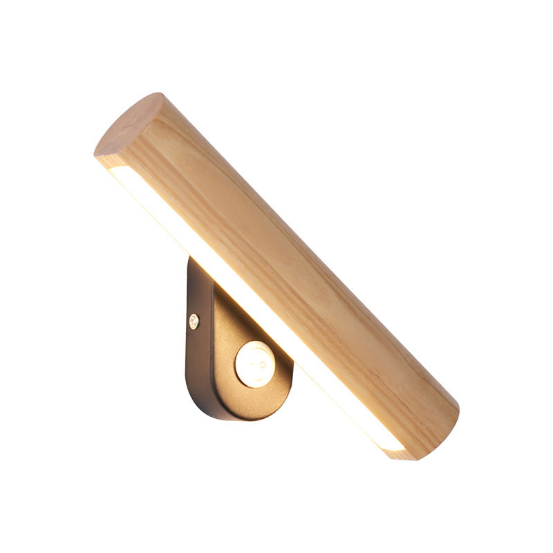 Rotatable Tube Bedside Wall Mount Light Wood LED Wall Lamp in Warm/White Light - 8.5"/12.5" Wide