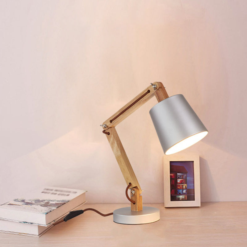 Modern Silver Metal Reading Lamp with Wood Swing Arm – 1-Light Desk Light