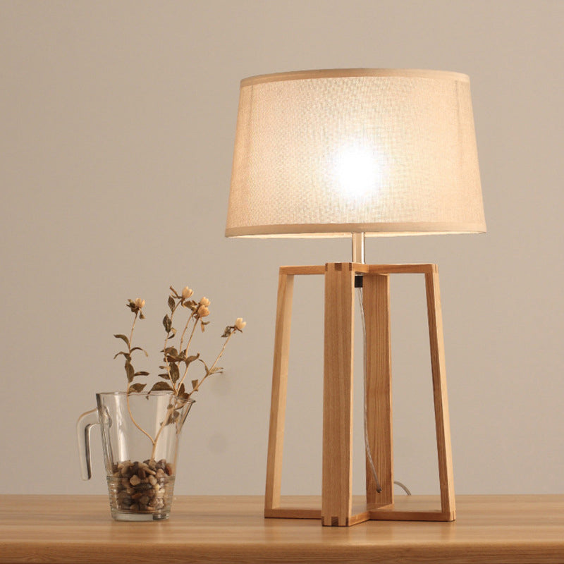 Tapered Drum Table Lamp: Contemporary Fabric Shade, Wood Night Light with Trapezoid Base