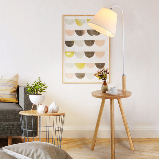 Modern Fabric Cone/Drum/Tapered Floor Lamp with Table & Storage Rack - Black/White/Wood Stand Up Light for Living Room