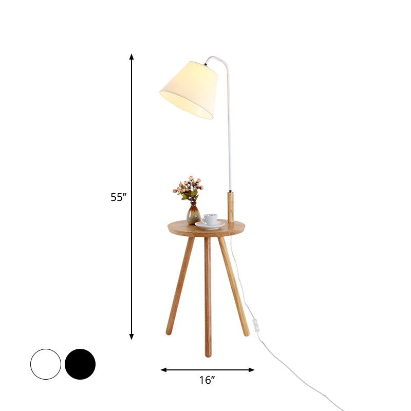Modern Fabric Cone/Drum/Tapered Floor Lamp with Table & Storage Rack - Black/White/Wood Stand Up Light for Living Room