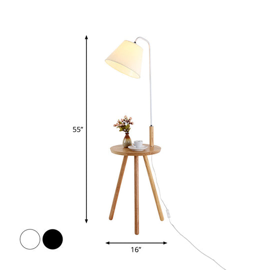 Modern Fabric Cone/Drum/Tapered Floor Lamp with Table & Storage Rack - Black/White/Wood Stand Up Light for Living Room