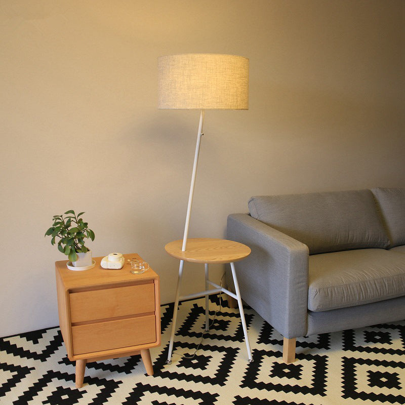 Modern Fabric Cone/Drum/Tapered Floor Lamp with Table & Storage Rack - Black/White/Wood Stand Up Light for Living Room