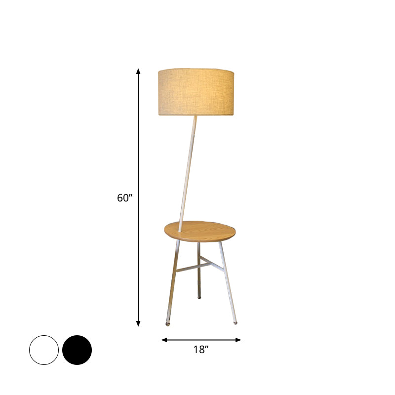 Modern Fabric Cone/Drum/Tapered Floor Lamp with Table & Storage Rack - Black/White/Wood Stand Up Light for Living Room