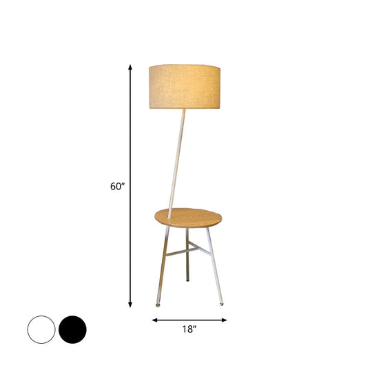 Modern Fabric Cone/Drum/Tapered Floor Lamp with Table & Storage Rack - Black/White/Wood Stand Up Light for Living Room