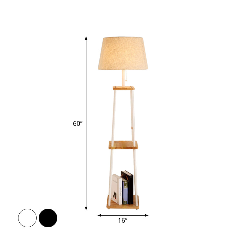 Modern Fabric Cone/Drum/Tapered Floor Lamp with Table & Storage Rack - Black/White/Wood Stand Up Light for Living Room