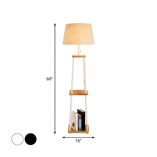 Modern Fabric Cone/Drum/Tapered Floor Lamp with Table & Storage Rack - Black/White/Wood Stand Up Light for Living Room