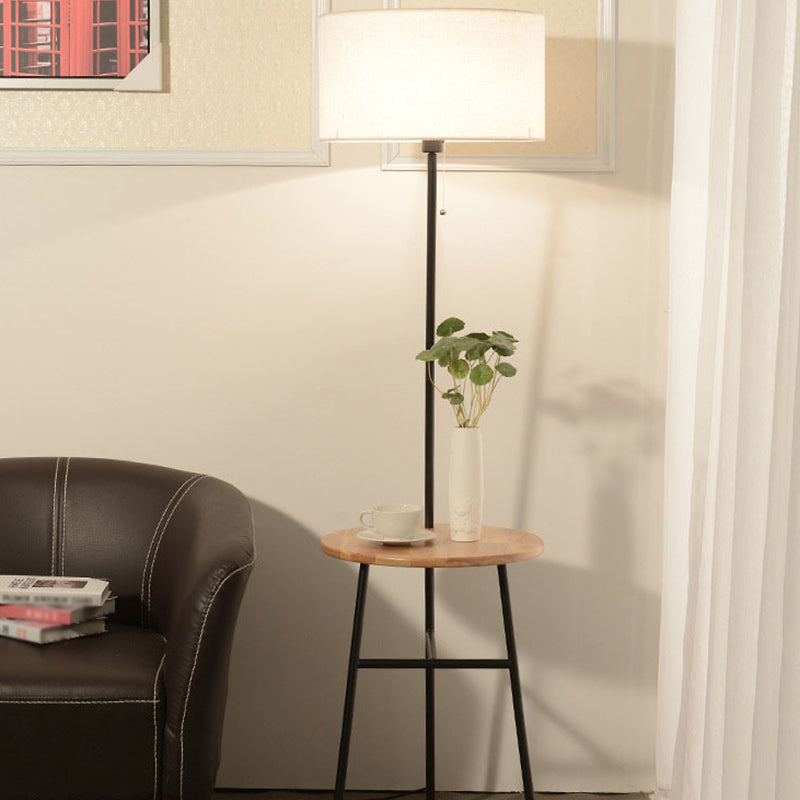 Modern Fabric Cone/Drum/Tapered Floor Lamp with Table & Storage Rack - Black/White/Wood Stand Up Light for Living Room
