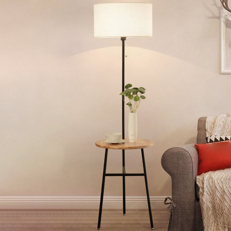 Modern Fabric Cone/Drum/Tapered Floor Lamp with Table & Storage Rack - Black/White/Wood Stand Up Light for Living Room