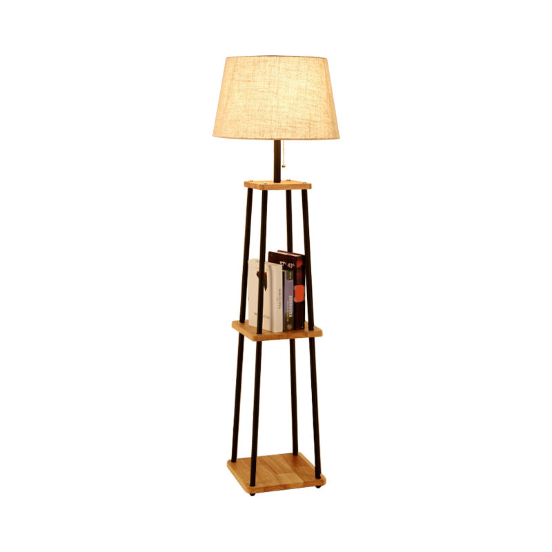 Modern Fabric Cone/Drum/Tapered Floor Lamp with Table & Storage Rack - Black/White/Wood Stand Up Light for Living Room