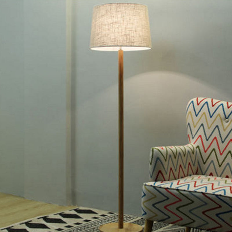 Minimalistic Wood Floor Lamp with Single-Bulb Drum Shade for Bedside