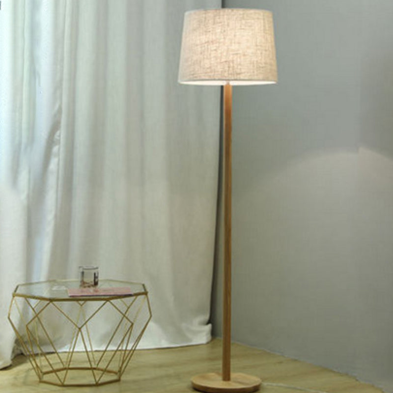 Minimalistic Wood Floor Lamp with Single-Bulb Drum Shade for Bedside