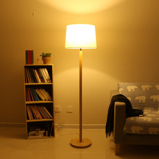 Simplicity Drum Floor Lamp 1-Light Study Room in Wood Fabric