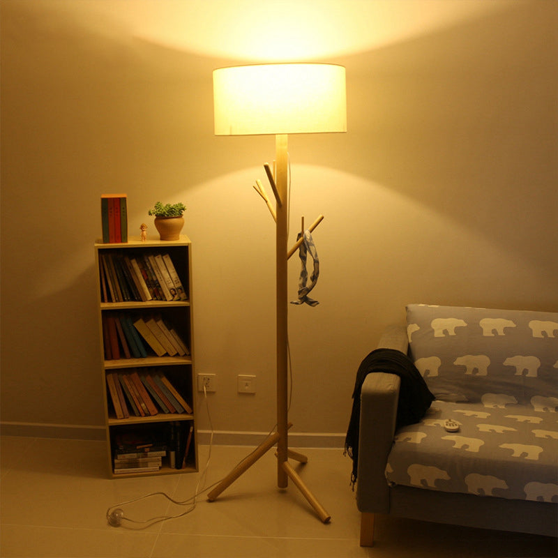 Minimalist Fabric Drum Floor Lamp with Wood Coat Rack - 1 Head Bedroom Floor Lighting