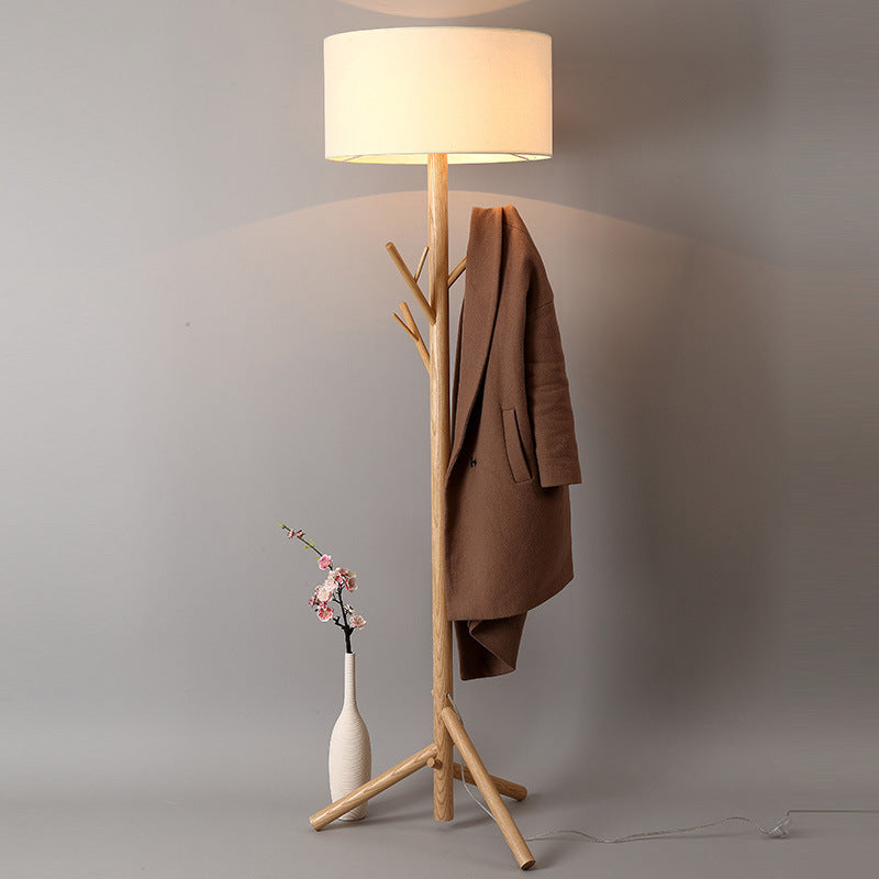 Minimalist Fabric Drum Floor Lamp with Wood Coat Rack - 1 Head Bedroom Floor Lighting