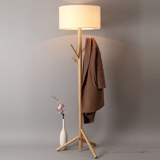 Minimalist Fabric Drum Floor Lamp with Wood Coat Rack - 1 Head Bedroom Floor Lighting