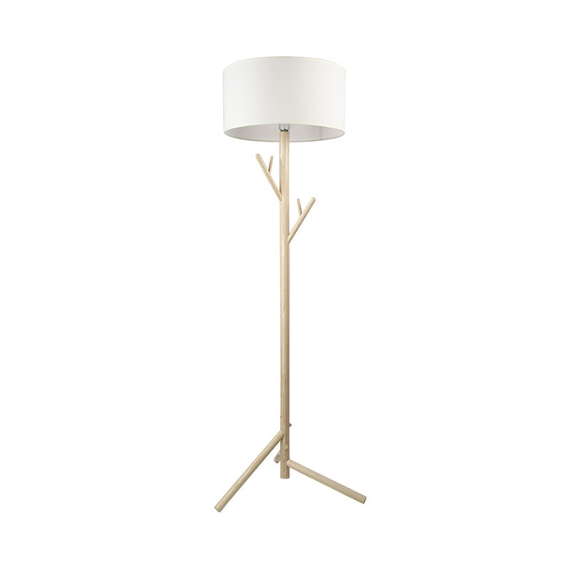 Minimalist Fabric Drum Floor Lamp with Wood Coat Rack - 1 Head Bedroom Floor Lighting