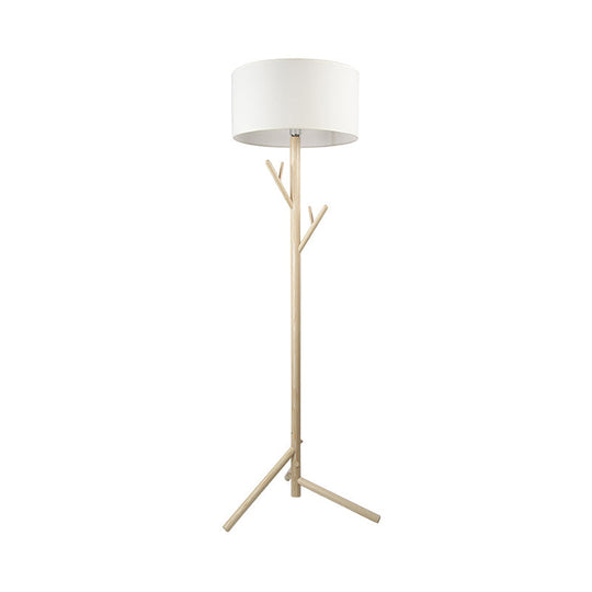 Minimalist Fabric Drum Floor Lamp with Wood Coat Rack - 1 Head Bedroom Floor Lighting