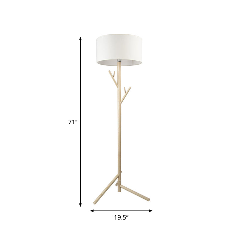 Minimalist Fabric Drum Floor Lamp with Wood Coat Rack - 1 Head Bedroom Floor Lighting