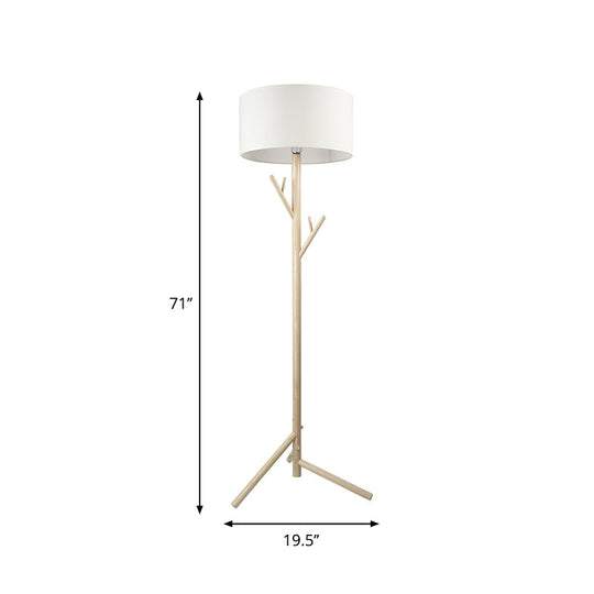 Minimalist Fabric Drum Floor Lamp with Wood Coat Rack - 1 Head Bedroom Floor Lighting